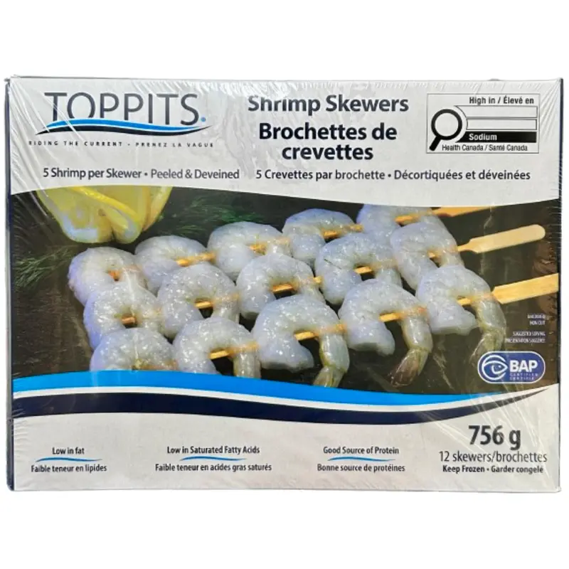 TOPPITS - SHRIMP SKEWERS UNSEASONED, TAIL-ON 756GR