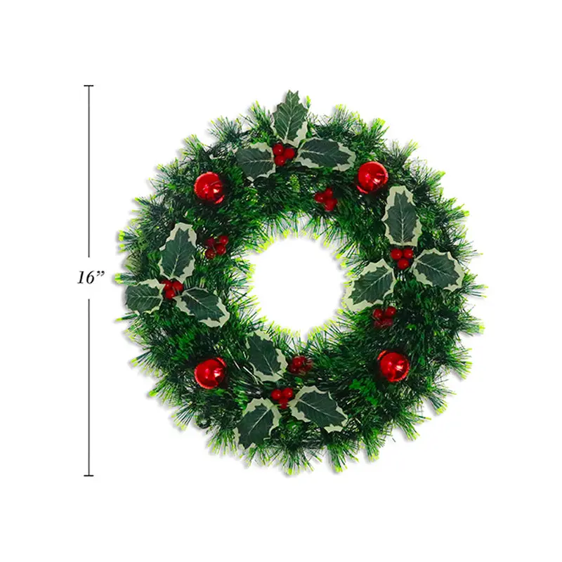 SANTA STUDIO - XMAS PINE HOLLY BERRIES TINSEL WREATH 16 IN