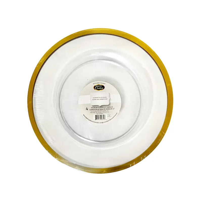 PARTY  COUTURE - 13IN CLEAR CHARGER PLATE WITH GOLD BAND 4 PK