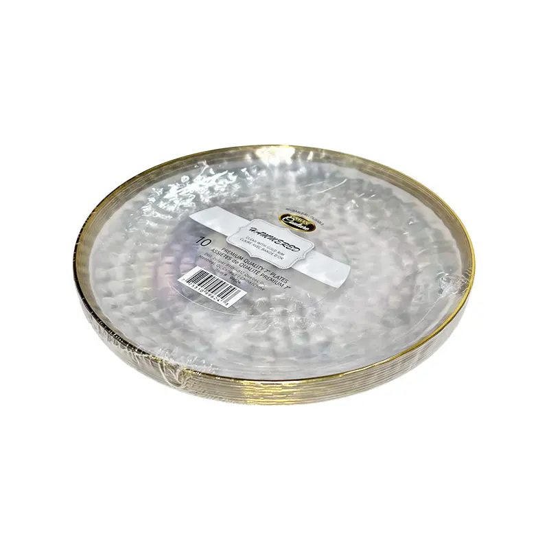MADISON - 7" HAMMERED CLEAR W/ GOLD RIM PLATES 10PK