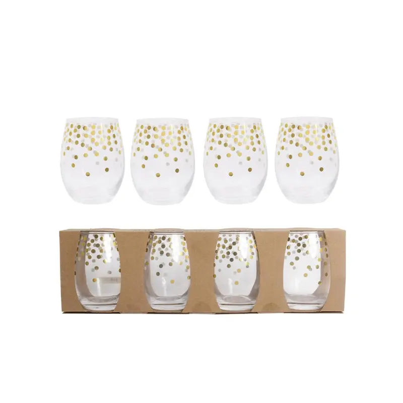 DECO L - HOLIDAY CHEER SET/4 GOLD DOT STEMLESS WINE GLASSES EA